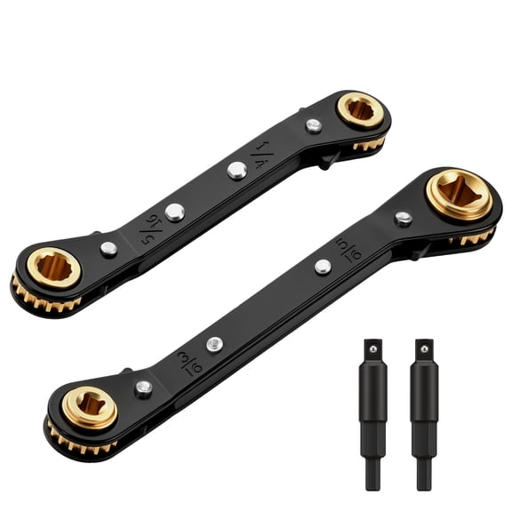 4-Piece HVAC Service Wrench Set, 3/8" 1/4" 5/16" 3/16" Square Port AC Service Wrench with 2 Hex Bit Adapters, Reversible Ratcheting HVAC Tools for Air Conditioning Refrigeration Repair