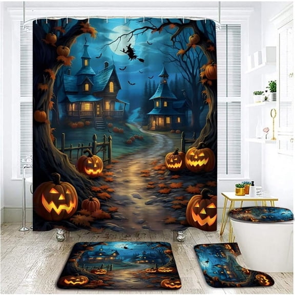 4 Piece Halloween Castle Pumpkin Shower Curtain Sets with Rugs, Toilet Lid Cover,Gothic Scary Haunted Ghost Witch Pumpkin Lantern Dead Tree Witch Full Moon Night Bathroom Shower Curtain with 12 Hooks