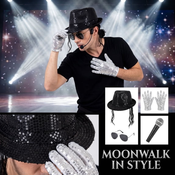 4-Piece Halloween Costume Accessory Set with Sparkling Sequin Hat Headset Glasses and Gloves for Stage Performance Role Play Dress Up Party Props One Size