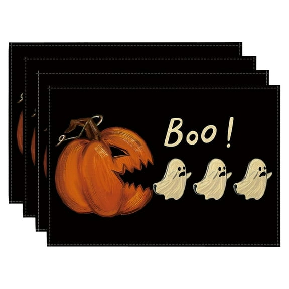 4 Piece Halloween Ghost Placemats Rectangular Heat Resistant Table Mats Printed Decorative Tabletop Cover for Kitchen Dining Room Parties
