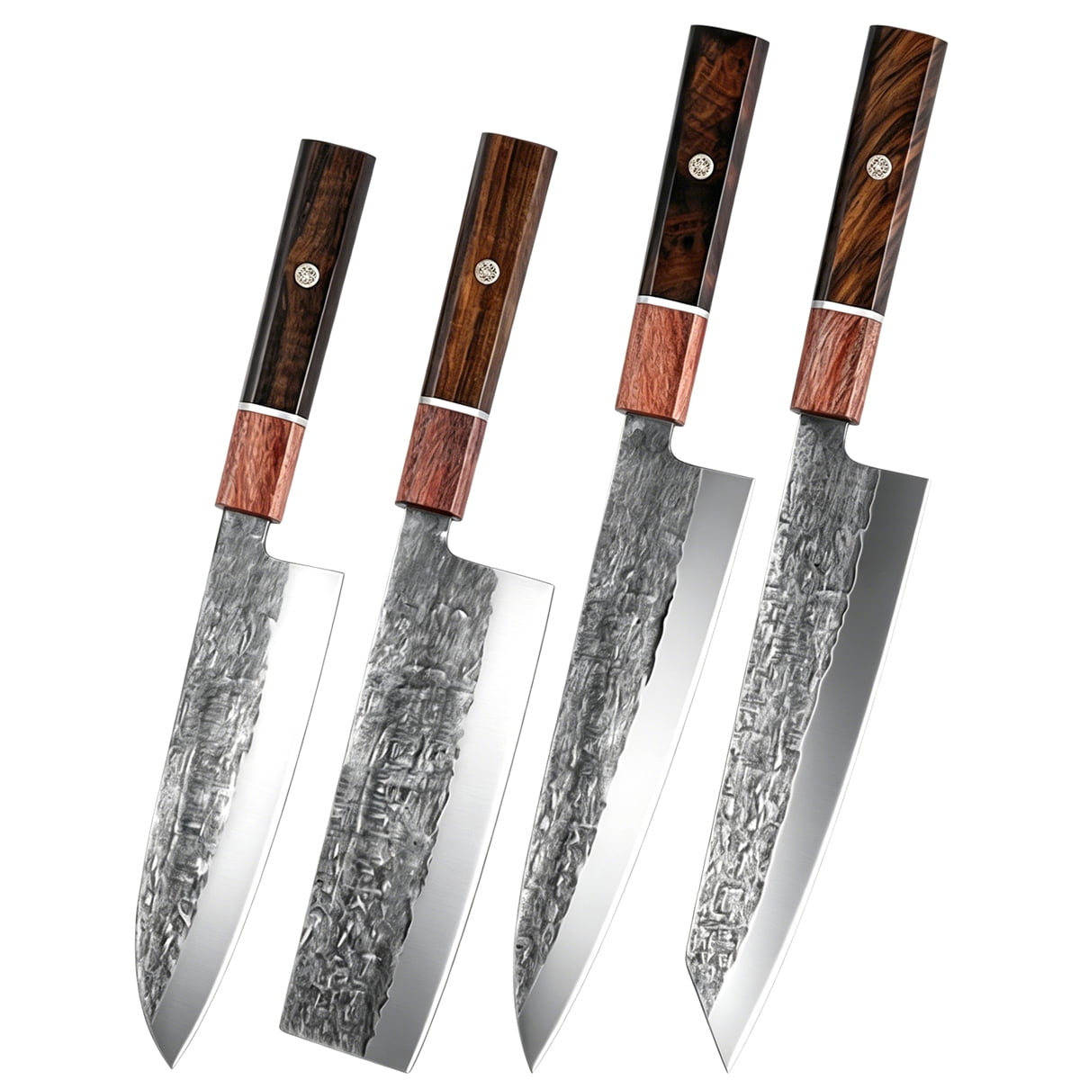 4-Piece Hand Forged Japanese Kitchen Knife Set with Wood Handles, High Carbon Steel Chef Knives, Ultra Sharp Multi-purpose Kitchen Knives for Home Cooking
