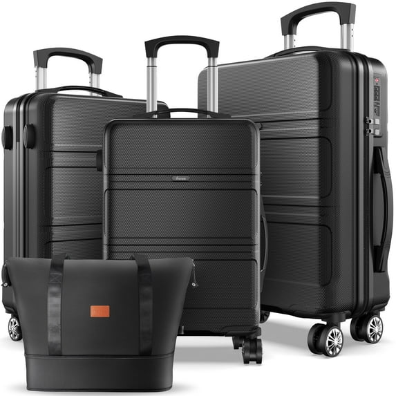 4 Piece Hardshell Luggage Sets, 3 Set Hardside Lightweight Suitcase with Duffel Bag Carry on Travel Luggage with TSA Lock Spinner Wheels, 20in24in28in, Black