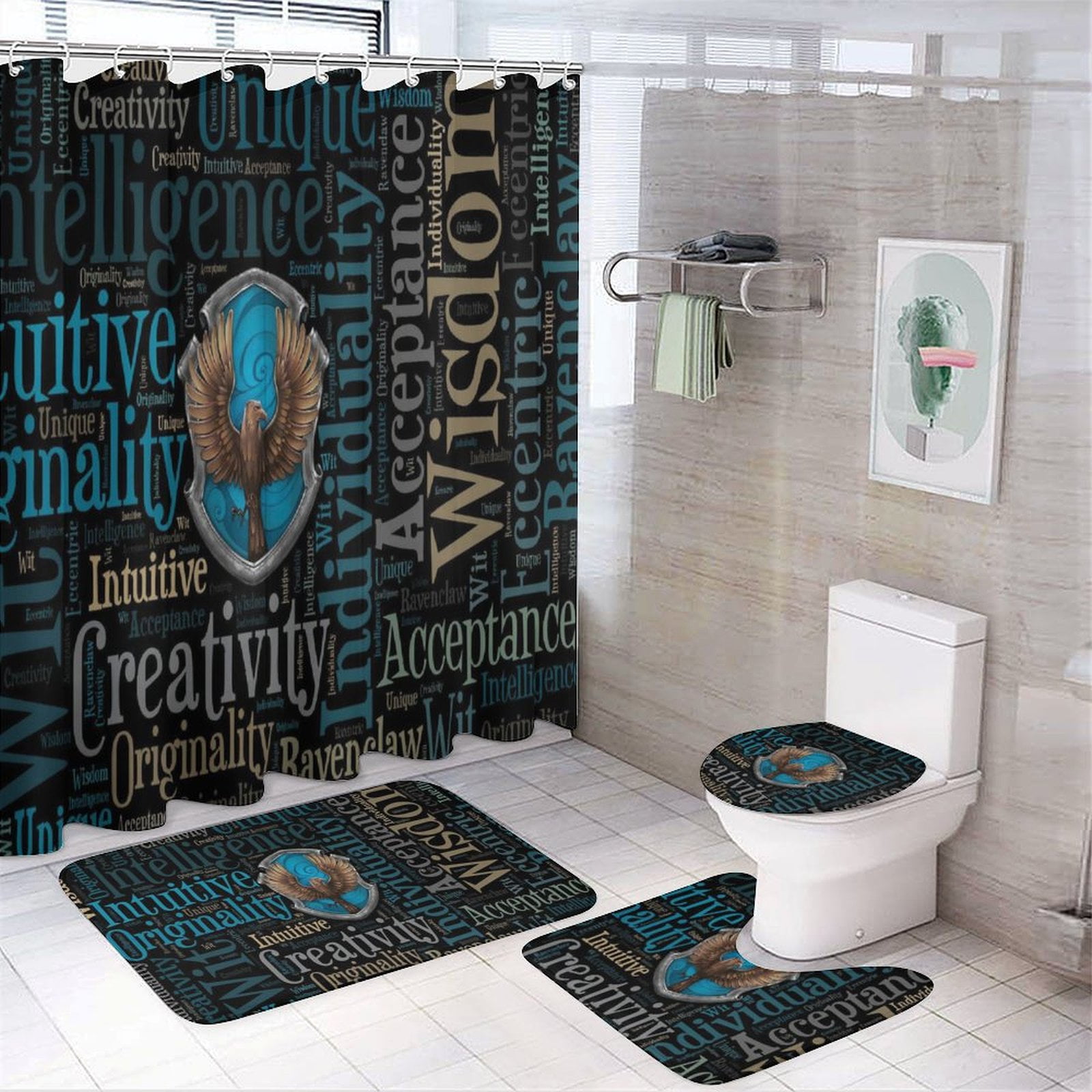 4 Piece Harry Potter Ravenclaw Shower Curtain Set with Non Slip Rugs Toilet Lid Cover and Bath Mat Kawaii Bathroom Set Decor72 x 72inch Walmart