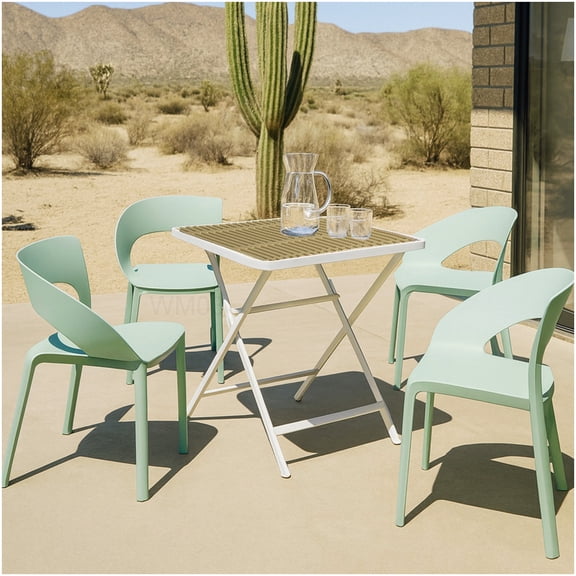4-Piece Haze Green Chair Set with Square Table, Indoor Outdoor Patio Dining Set, Metal and PP Furniture, Foldable, 330lb Capacity