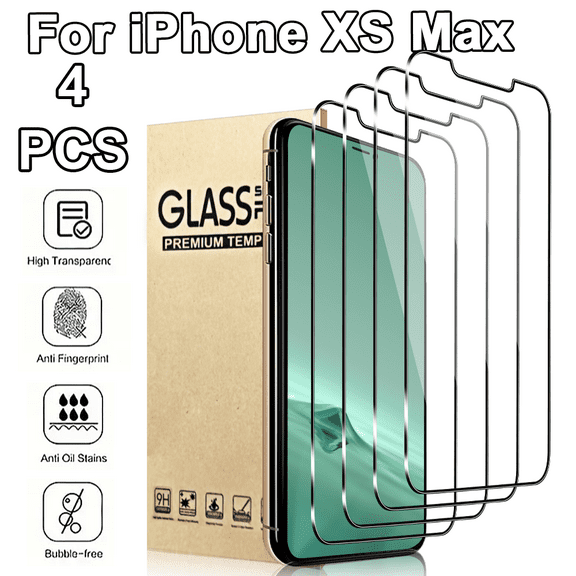 4-Piece High-Definition Transparent Screen Protector: Suitable For Apple Iphone Xs Max, High Definition+9h Hardness, Dustproof, Waterproof, Scratch Resistant And Impact Resistant, Easy To Install