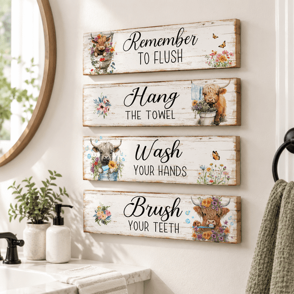 4 Piece Highland Cow Rustic Wooden Farmhouse Bathroom Wall Decor Signs