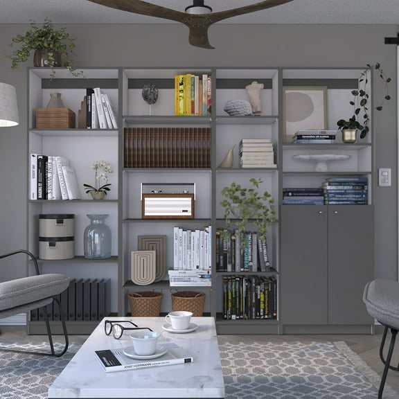 Dupree 4 Piece Home Bookcase set, 91" Wide with 17 Shelves And a Double-Door Cabinet , Living Room Set Matt Gray / White