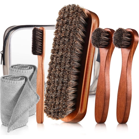4-Piece Horsehair Shoe Shine Brush Kit for Leather Shoes & Boots Care - Includes Large Brush, Long Handle Polish Applicator, Detailing Brush, Microfiber Buffing Cloth