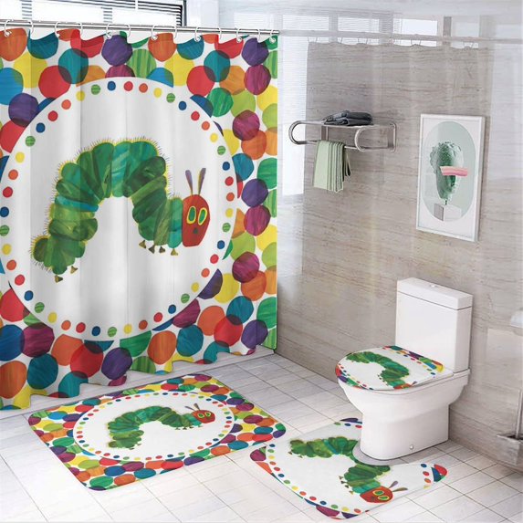 4 Piece Hungry Caterpilla Shower Curtain Sets, with 12 Hooks Non-Slip Rugs Toilet Lid Cover and Bath Mat for Bathroom Decor Set 72in