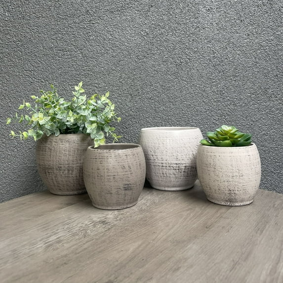 4-Piece Indoor Ceramic Plant Pot Set, 5.9"dia. & 4.7"dia, Wood Optics Gray and Wood Optics Brown