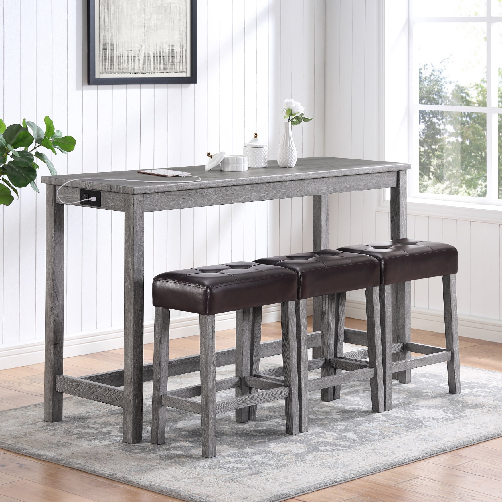 4 Piece Industrial Dining Table Set for 3, Long Rectangular Table with ...
