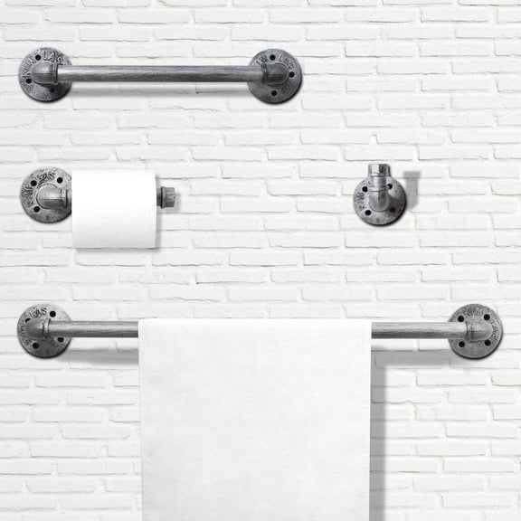 4-Piece Industrial Pipe Towel Holder Set Antique Silver Rustic Steel Farmhouse Wall Mounted