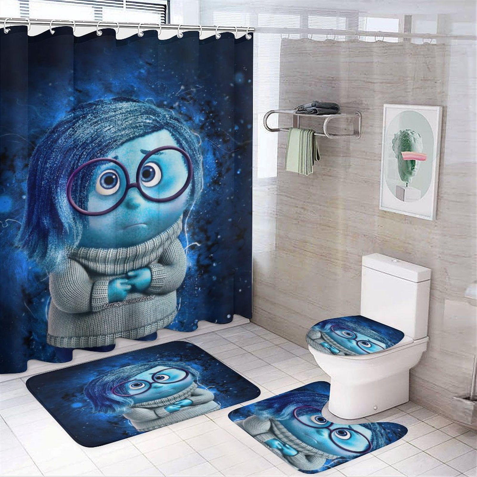 4 Piece Inside Out Shower Curtain Sets, with 12 Hooks NonSlip Rugs