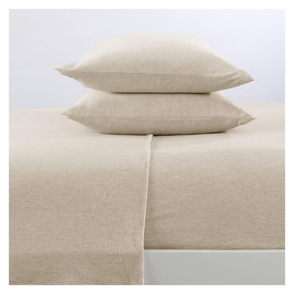 4 Piece Jersey Knit Full Cotton Blend Oatmeal Sheet Set | Ultra-Soft T-Shirt Jersey Bedding Sheets & Pillowcases | Heathered, Breathable, All Season Bed Sheets (Full, Oatmeal)