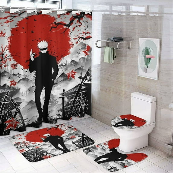 4 Piece Jujutsu Anime Kaise Shower Curtain Sets with Rugs, Toilet Lid Cover, Bath Mat and 12 Hooks, Waterproof Shower Curtain Set for Bathroom