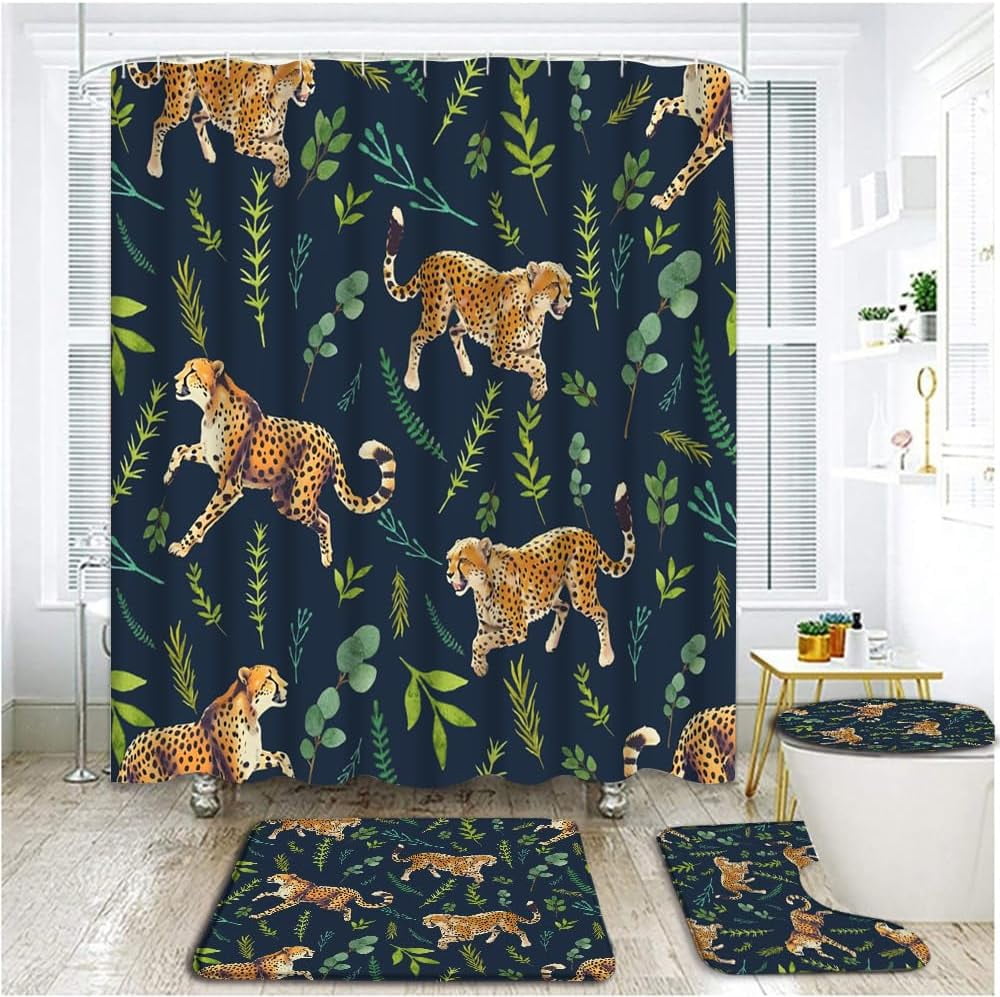 4 Piece Jungle Leopard Shower Curtain Set with Rugs, Toilet Lid Cover