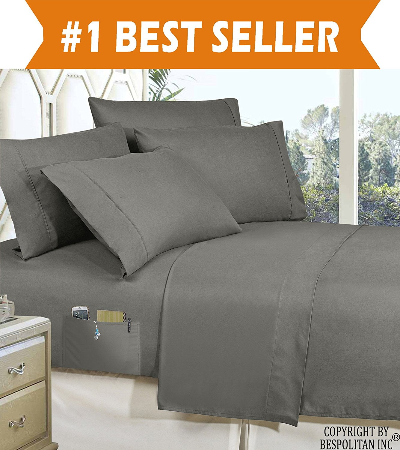 4-Piece KING- Smart Sheet with Side Storage Pockets on Fitted Sheet King Grey