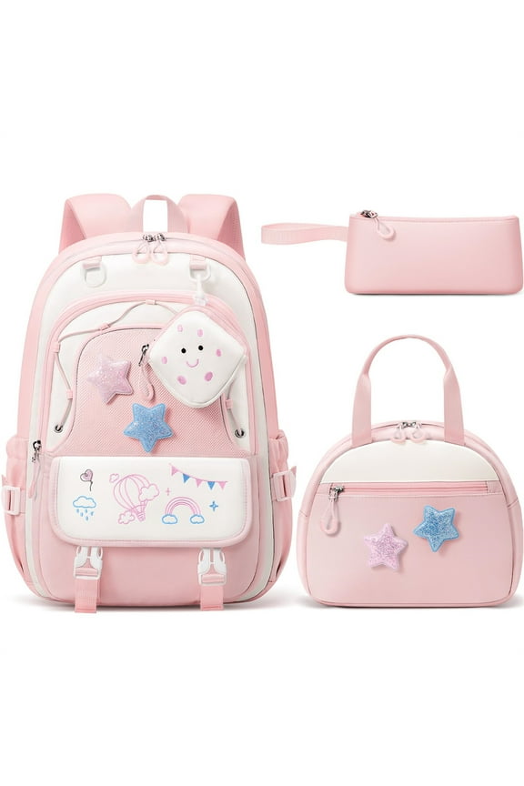 4-Piece Kids Backpacks Set, Waterproof Girls Backpack with Lunch Box, Pencil Case & Headphone Bag Set (Pink)