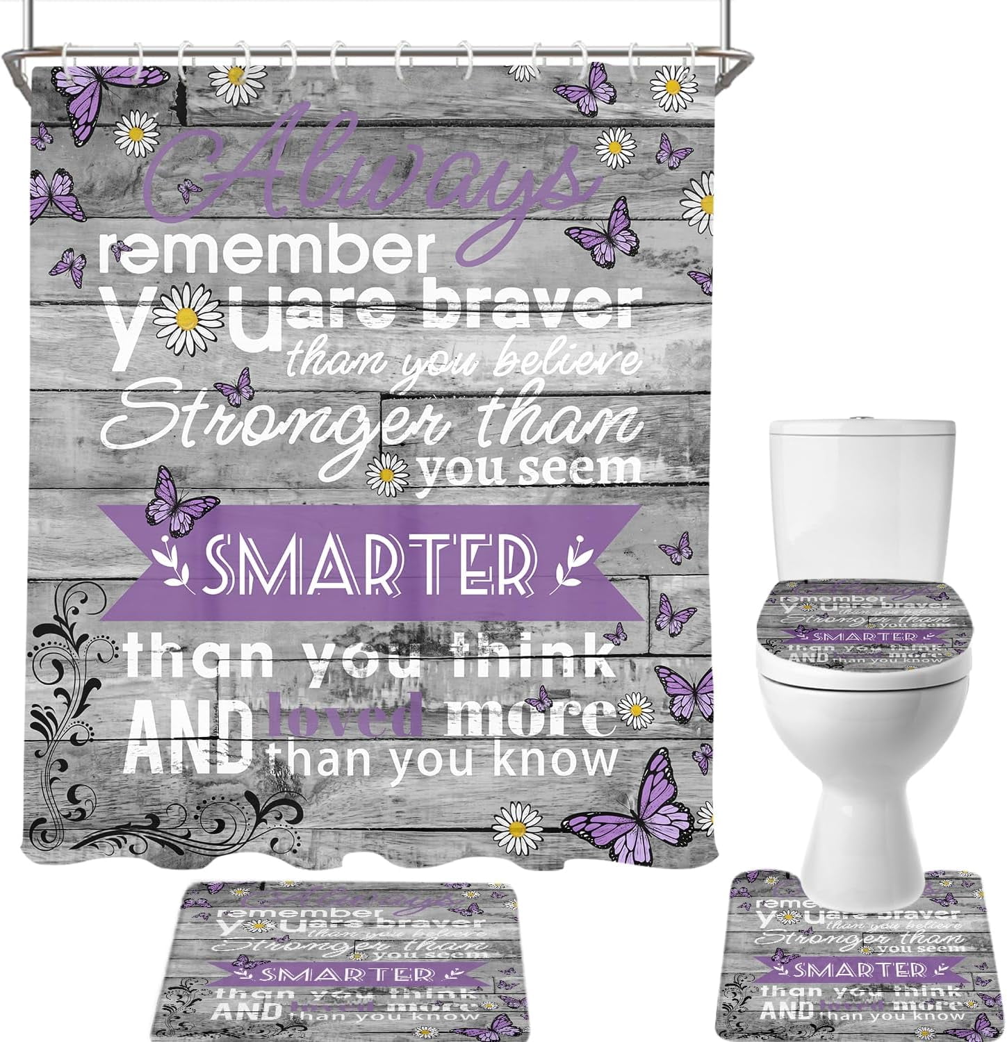 4 Piece Kids Girls Shower Curtain Set Purple Grey Inspirational Quotes