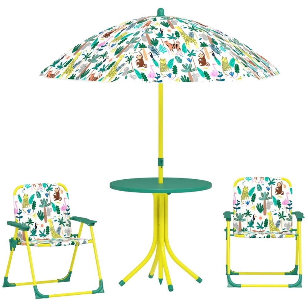 4-Piece Kids Play Set - Foldable Table, Chairs & Umbrella with Monkey/Giraffe Design, Green/Yellow/White, for 2-5 Years Old Toddlers