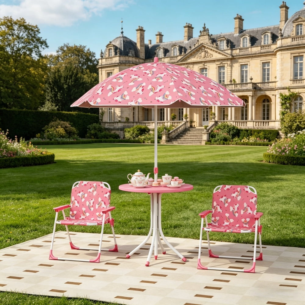 4-Piece Kids Table and Chair Set with Umbrella, Unicorn Rainbow Design Folding Toddler Play Furniture for Indoor Outdoor, Pink White, 2-5 Years Old