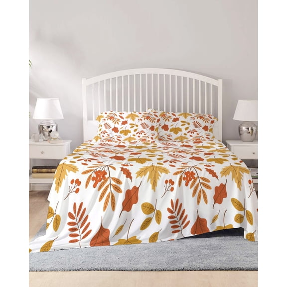 4 Piece King Sheet Set Autumn Maple Leaves Sheets Set for King Size Bed, Breathable Soft Microfiber Bed Sheets Cooling Farmhouse Falling Leaf Plants Fitted Sheet Deep Pocket, Pillowcases
