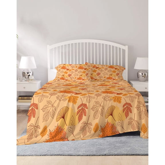 4 Piece King Sheet Set Autumn Maple Leaves Sheets Set for King Size Bed, Breathable Soft Microfiber Bed Sheets Cooling Vintage Orange Falling Leaf Plants Fitted Sheet Deep Pocket, Pillowcases