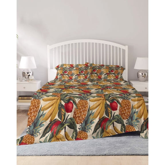 4 Piece King Sheet Set Banana Pineapple Sheets Set for King Size Bed, Breathable Soft Microfiber Bed Sheets Cooling Summer Tropical Botanical Fruit Fitted Sheet Deep Pocket, Pillowcases