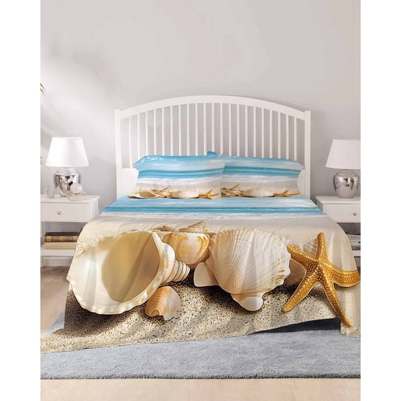 4 Piece King Sheet Set Beach Coastal Sheets Set for King Size Bed, Breathable Soft Microfiber Bed Sheets Cooling Summer Nautical Seaside Starfish Shell Fitted Sheet Deep Pocket, Pillowcases