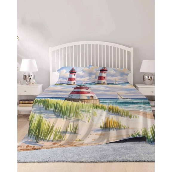 4 Piece King Sheet Set Beach Lighthouse Sheets Set for King Size Bed, Breathable Soft Microfiber Bed Sheets Cooling Coastal Ocean Ship Sky Oil Painting Fitted Sheet Deep Pocket, Pillowcases