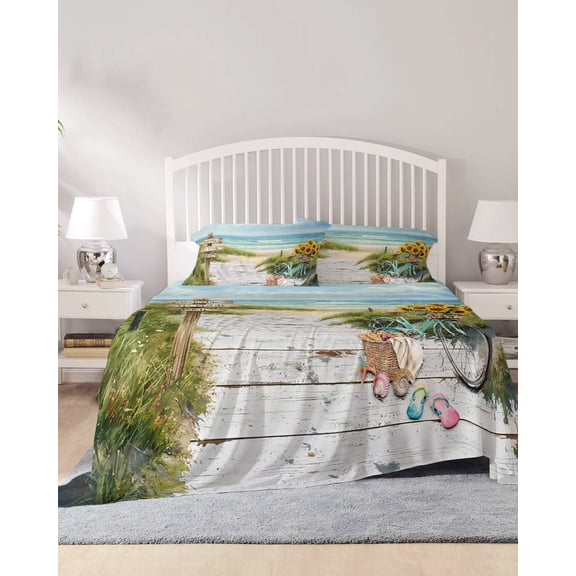 4 Piece King Sheet Set Beach Ocean Sheets Set for King Size Bed, Breathable Soft Microfiber Bed Sheets Cooling Blue Sea Sunflower Modern Country Green Fitted Sheet Deep Pocket, Pillowcases