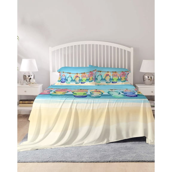 4 Piece King Sheet Set Beach Slippers Sheets Set for King Size Bed, Breathable Soft Microfiber Bed Sheets Cooling Blue Summer Ocean Coastal Shell Fitted Sheet Deep Pocket, Pillowcases