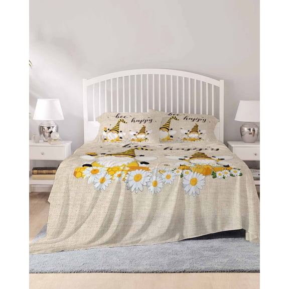 4 Piece King Sheet Set Bee Gnomes Sheets Set for King Size Bed, Breathable Soft Microfiber Bed Sheets Cooling Farmhouse Spring Daisy Honey Flowers Fitted Sheet Deep Pocket, Pillowcases