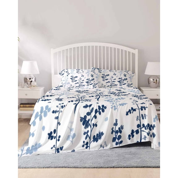 4 Piece King Sheet Set Blue Botanical Sheets Set for King Size Bed, Breathable Soft Microfiber Bed Sheets Cooling Spring Floral Watercolor Leaf Fitted Sheet Deep Pocket, Pillowcases