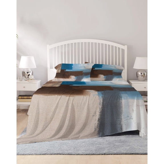 4 Piece King Sheet Set Blue Brown Sheets Set for King Size Bed, Breathable Soft Microfiber Bed Sheets Cooling Ombre Abstract Street Art Mottled Texture Fitted Sheet Deep Pocket, Pillowcases