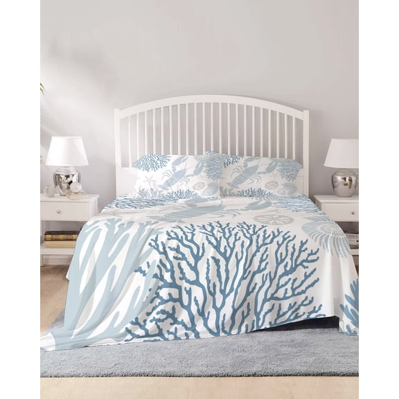 4 Piece King Sheet Set Blue Coastal Sheets Set for King Size Bed, Breathable Soft Microfiber Bed Sheets Cooling Summer Lobster Coral Nautical Fitted Sheet Deep Pocket, Pillowcases