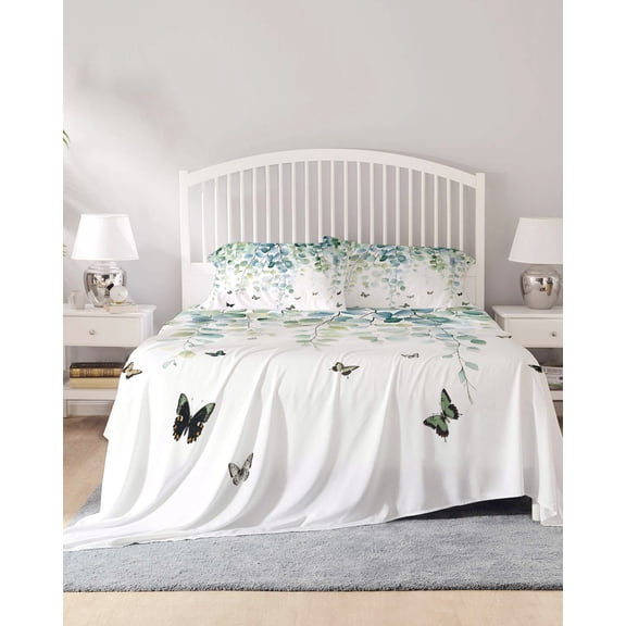 4 Piece King Sheet Set Blue Green Eucalyptus Sheets Set for King Size Bed, Breathable Soft Microfiber Bed Sheets Cooling Sage Gradient Leaves Butterfly Fitted Sheet Deep Pocket, Pillowcases