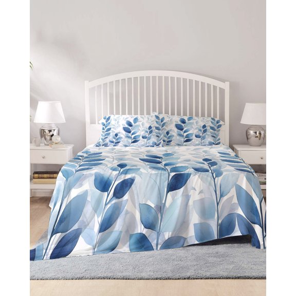 4 Piece King Sheet Set Blue Leaf Sheets Set for King Size Bed, Breathable Soft Microfiber Bed Sheets Cooling Watercolor Country Plant Monochrome Branch Fitted Sheet Deep Pocket, Pillowcases
