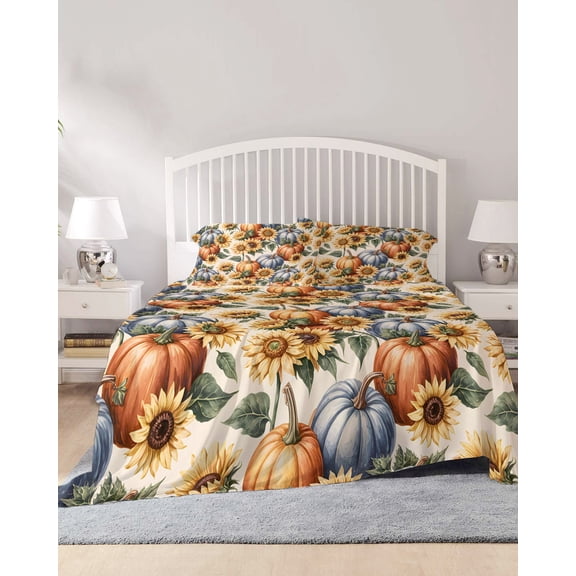 4 Piece King Sheet Set Blue Pumpkin Sheets Set for King Size Bed, Breathable Soft Microfiber Bed Sheets Cooling Thanksgiving Fall Orange Sunflower Fitted Sheet Deep Pocket, Pillowcases