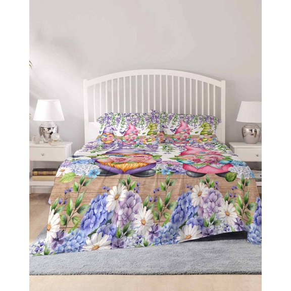 4 Piece King Sheet Set Blue Purple Gnomes Sheets Set for King Size Bed, Breathable Soft Microfiber Bed Sheets Cooling Spring Country Hydrangea Flower Leaf Fitted Sheet Deep Pocket, Pillowcases