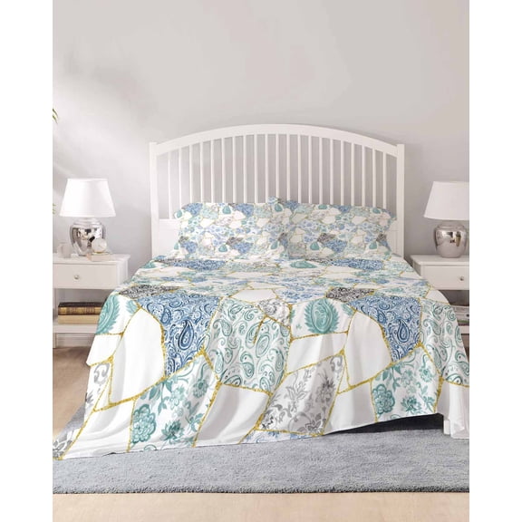 4 Piece King Sheet Set Blue White Porcelain Sheets Set for King Size Bed, Breathable Soft Microfiber Bed Sheets Cooling Traditional Oriental Chinese Art Fitted Sheet Deep Pocket, Pillowcases