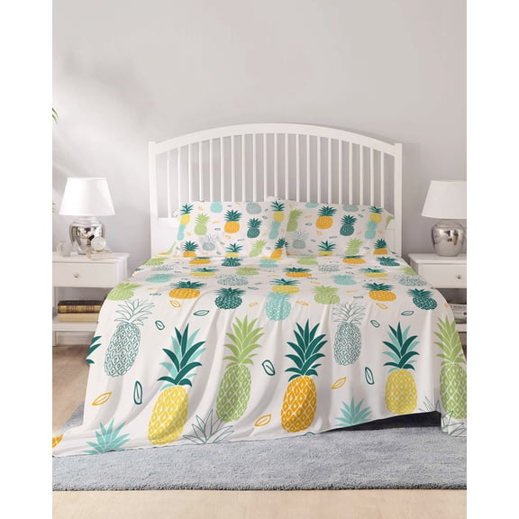 4 Piece King Sheet Set Blue Yellow Pineapple Sheets Set for King Size Bed, Breathable Soft Microfiber Bed Sheets Cooling Farmhouse Summer Botanical Watercolor Fitted Sheet Deep Pocket, Pillowcases