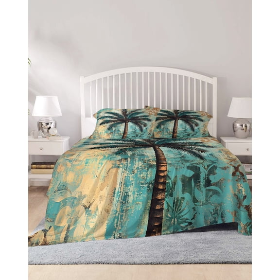 4 Piece King Sheet Set Boho Beach Tree Sheets Set for King Size Bed, Breathable Soft Microfiber Bed Sheets Cooling Coastal Vintage Summer Tropical Plant Fitted Sheet Deep Pocket, Pillowcases