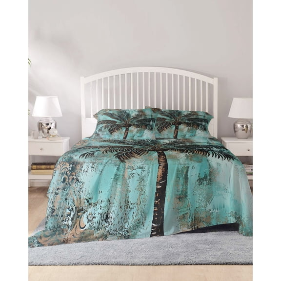 4 Piece King Sheet Set Boho Coastal Tree Sheets Set for King Size Bed, Breathable Soft Microfiber Bed Sheets Cooling Ocean Vintage Tropical Plant Flower Fitted Sheet Deep Pocket, Pillowcases