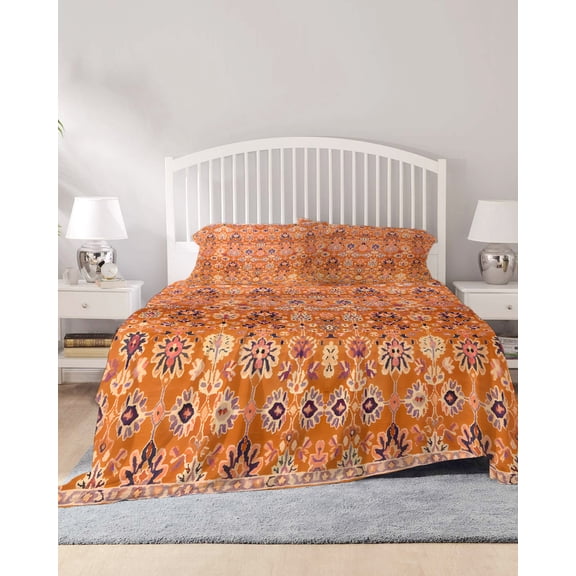 4 Piece King Sheet Set Boho Orange Sheets Set for King Size Bed, Breathable Soft Microfiber Bed Sheets Cooling Country Style Bohemian Floral Retro Tribal Fitted Sheet Deep Pocket, Pillowcases