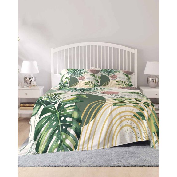 4 Piece King Sheet Set Boho Tropical Sheets Set for King Size Bed, Breathable Soft Microfiber Bed Sheets Cooling Summer Palm Leaves Botanical Beige Fitted Sheet Deep Pocket, Pillowcases