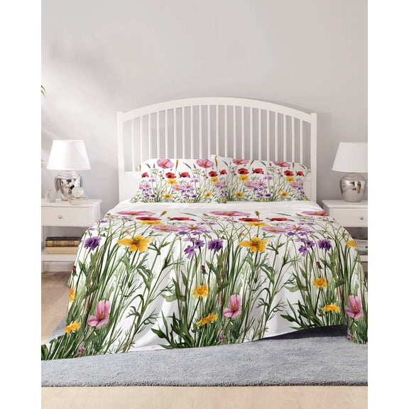 4 Piece King Sheet Set Botanical Flowers Sheets Set for King Size Bed, Breathable Soft Microfiber Bed Sheets Cooling Spring Budding Wild Floral Herbs Fitted Sheet Deep Pocket, Pillowcases