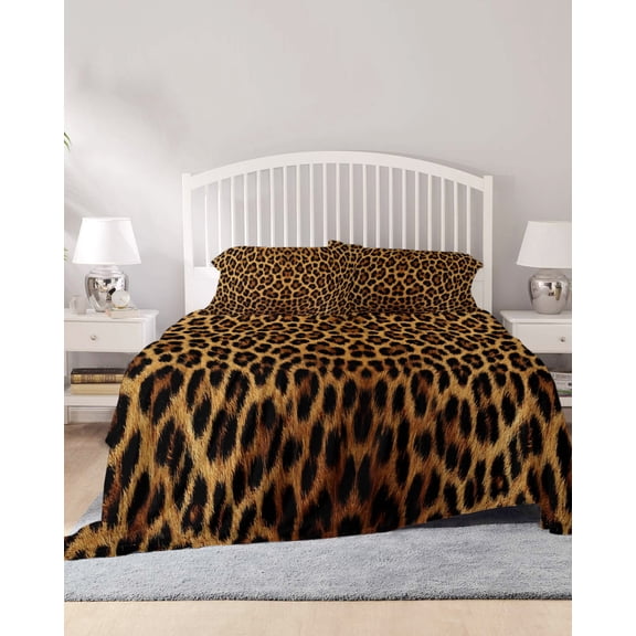 4 Piece King Sheet Set Brown Leopard Print Sheets Set for King Size Bed, Breathable Soft Microfiber Bed Sheets Cooling Classic Abstract Animal Patterned Fitted Sheet Deep Pocket, Pillowcases