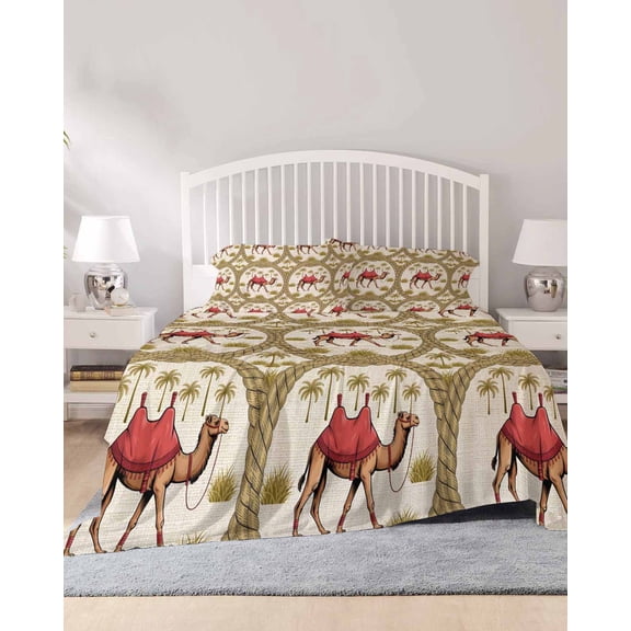 4 Piece King Sheet Set Camels Palm Trees Sheets Set for King Size Bed, Breathable Soft Microfiber Bed Sheets Cooling Desert Date Coconut Trees Leaves Cords Beige Fitted Sheet Deep Pocket, Pillowcases
