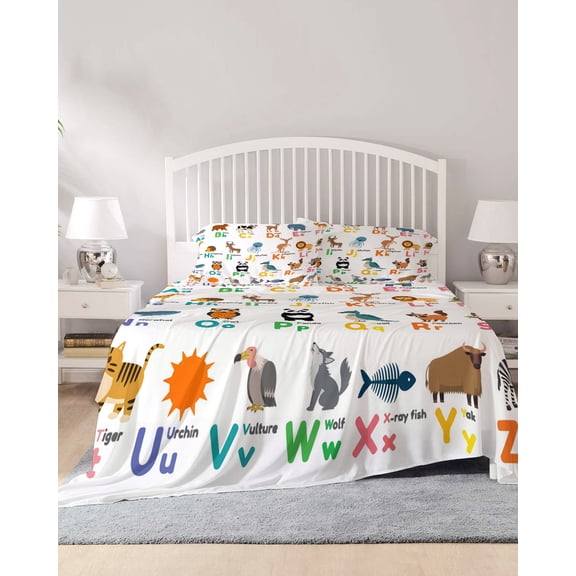 4 Piece King Sheet Set Cartoon Animal Sheets Set for King Size Bed, Breathable Soft Microfiber Bed Sheets Cooling Funny Cute Tiger Giraffe Lion Elephant Fitted Sheet Deep Pocket, Pillowcases